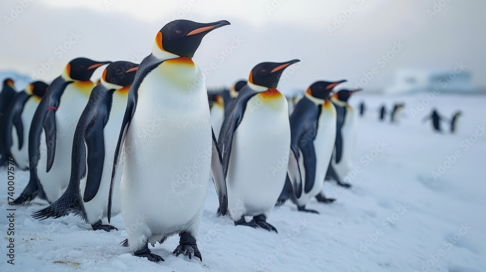 Fototapeta premium A group of penguins on a snowy Antarctic shore, with a crisp, clear sky in the background, capturing the essence of arctic wildlife
