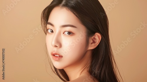 Young Asian beauty woman model long hair with korean makeup style on face and perfect skin on isolated beige background. Facial treatment, Cosmetology,