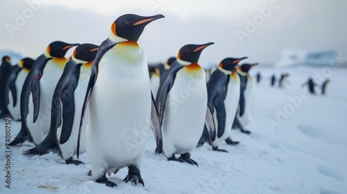 A group of penguins on a snowy Antarctic shore  with a crisp  clear sky in the background  capturing the essence of arctic wildlife