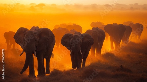 A herd of elephants walking through the dusty plains of Africa at sunset, creating a striking silhouette against the glowing horizon © arhendrix