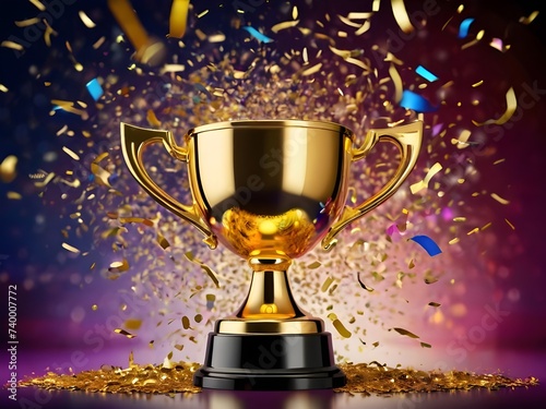 The gold medal winner's trophy cup takes center stage, surrounded by colorful celebratory confetti and bright festive explosions, symbolizing victory and success in the competition. Generative AI
