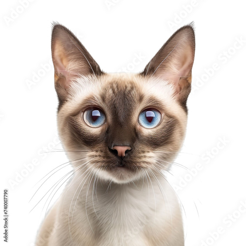 front view close up of a Colorpoint Shorthair cat face isolated on a white transparent background 