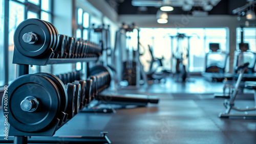 A sleek, contemporary gym setting highlighted by rows of dumbbells in the foreground and fitness equipment in the softly lit background. photo