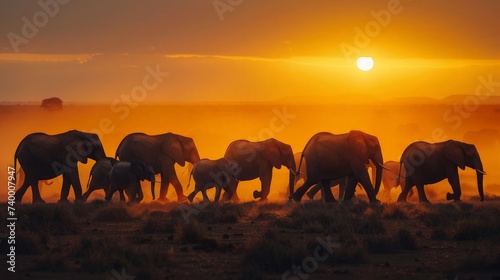 A herd of elephants walking through the dusty plains of Africa at sunset  creating a striking silhouette against the glowing horizon