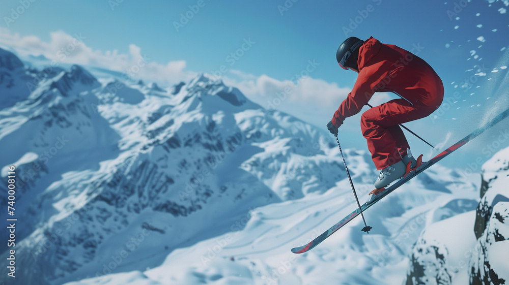 An athlete in a vibrant red suit executes a dynamic ski jump against a pristine alpine backdrop, embodying the exhilaration of winter sports.