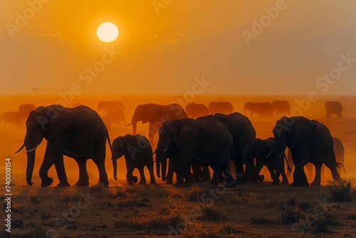 A herd of elephants walking through the dusty plains of Africa at sunset, creating a striking silhouette against the glowing horizon