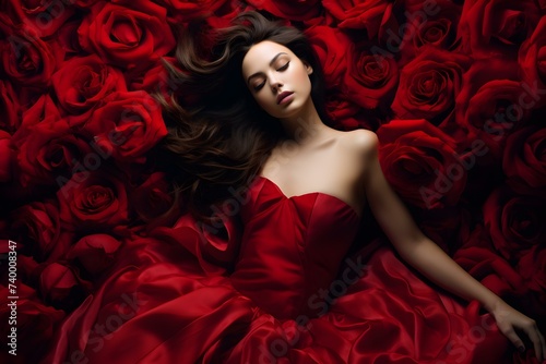 Stunning young woman in a mesmerizing red rose dress. Concept Fashion Photography, Elegant Outfits, Red Color Scheme, Rose Motif, Young Model