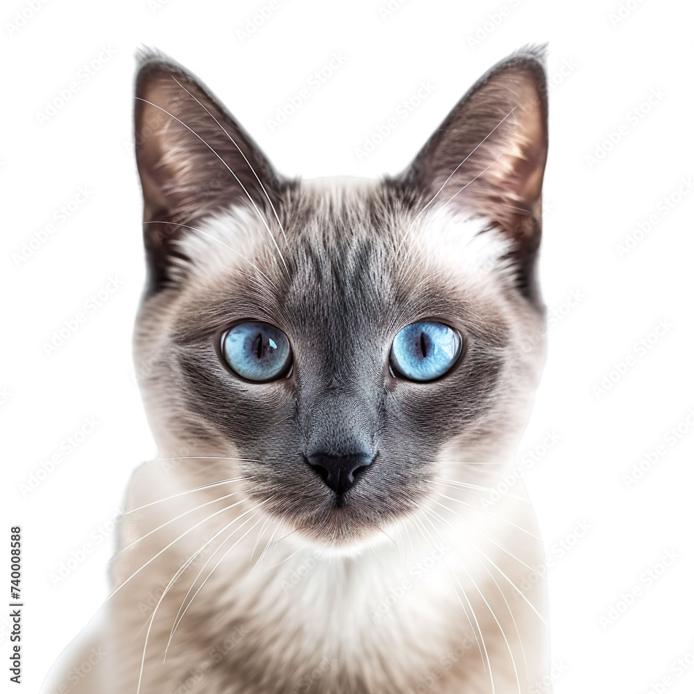 front view close up of a Ojos Azules cat face isolated on a white transparent background 