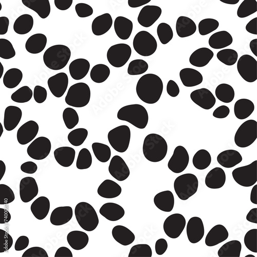 Organic black dots organized in curved lines vector seamless pattern. Pebble shaped elements repeated on white background. Creative texture for printing on various surfaces or usage in graphic design.