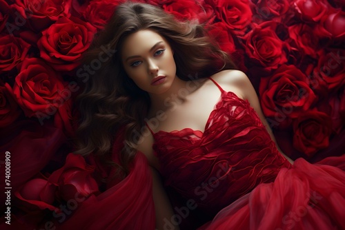 Captivating young woman in a captivating red rose dress. Concept Fashion Photography, Red Dress, Portrait Session, Young Woman, Captivating Style © Anastasiia
