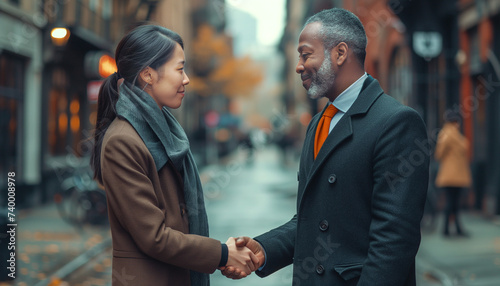 Two multiraced businesspeople in business clothes making a handshake together, shaking hands, business deals and congratulate each other in city street on the background. © MarijaBazarova