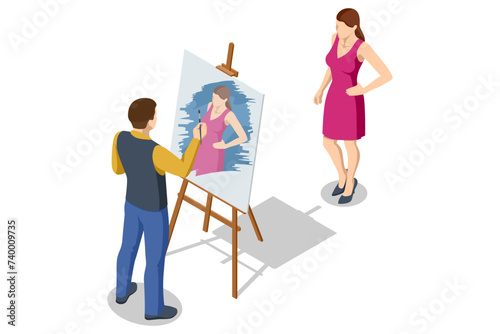 Isometric male artist drawing his muse in art studio using easel. Painting, drawing and artwork concept. Art, creativity, hobby, job and creative occupation