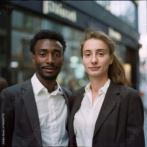 Two young modern businesspeople consulting colleagues at an office kick-off meeting for the beginning of a project. Team work among consultants, starting a project, initial phase