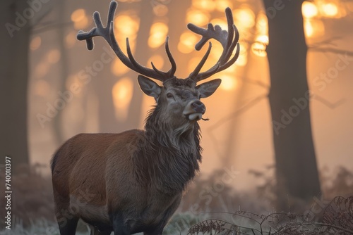 a full crown of antlers standing in a foggy forest clearing at sunrise  embodying the spirit of the wilderness