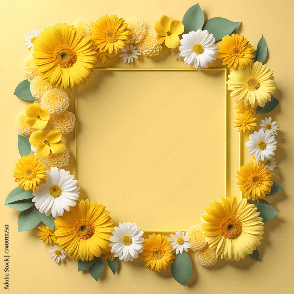 Obraz premium 3D Beauty Flower Frame Template on Yellow Background. Minimalist Floral Design for Mother's Day and Women's Day Greeting Card.