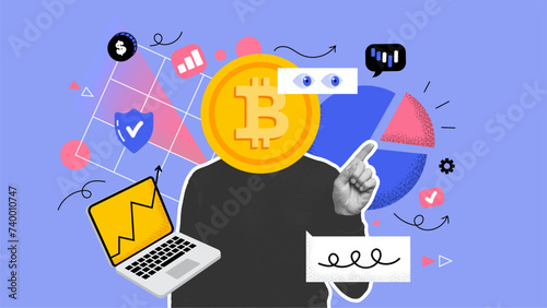 Collage of contemporary art. Conceptual portrait of a businessman with a laptop and using a trade application. The man with Bitcoin head. Vector illustration