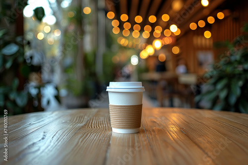 Paper cup of coffee or tea with a plastic lid on a wooden table with a blurred cafe or cafe background. Grab a cup of coffee. Empty copy space for your design text or brand banner photo