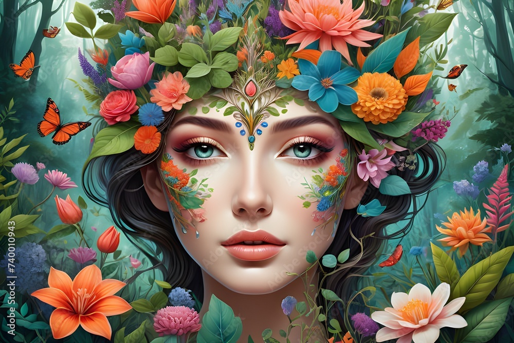 Surreal portrait: A woman's face formed by vibrant flowers, leaves, and ...