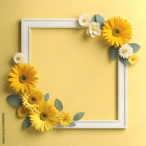 Isolated 3D Beauty Flower Frame Template on Yellow Background. Elegant Floral Backdrop for Mother's Day and Women's Day Greeting Card.
