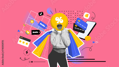 Woman shopping in app using her smartphone. Art collage creative concept. Vector Illustration