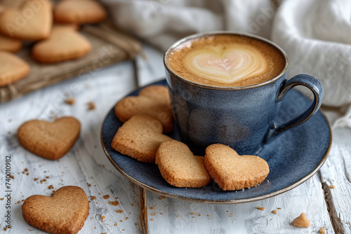 A cup of hot cappuccino coffee and heart-shaped cookies on a light wooden table. Mug with coffee and milk on a blurred background. Warm winter atmosphere. Banner. Table setting : coffee, cookies.