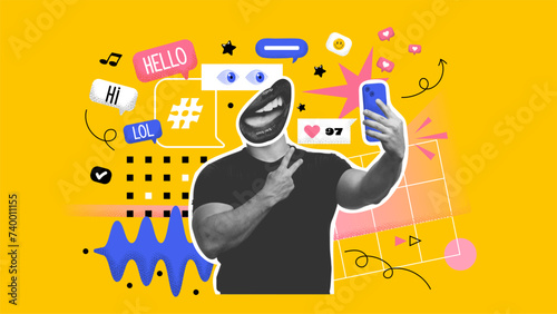 Happy Man Holding Smartphone With Hearts And Like Buttons Standing On Yellow Studio Background. Phone User Networking Online Using Social Media, Reading Feed News, Commenting And Sharing Posts. Vector