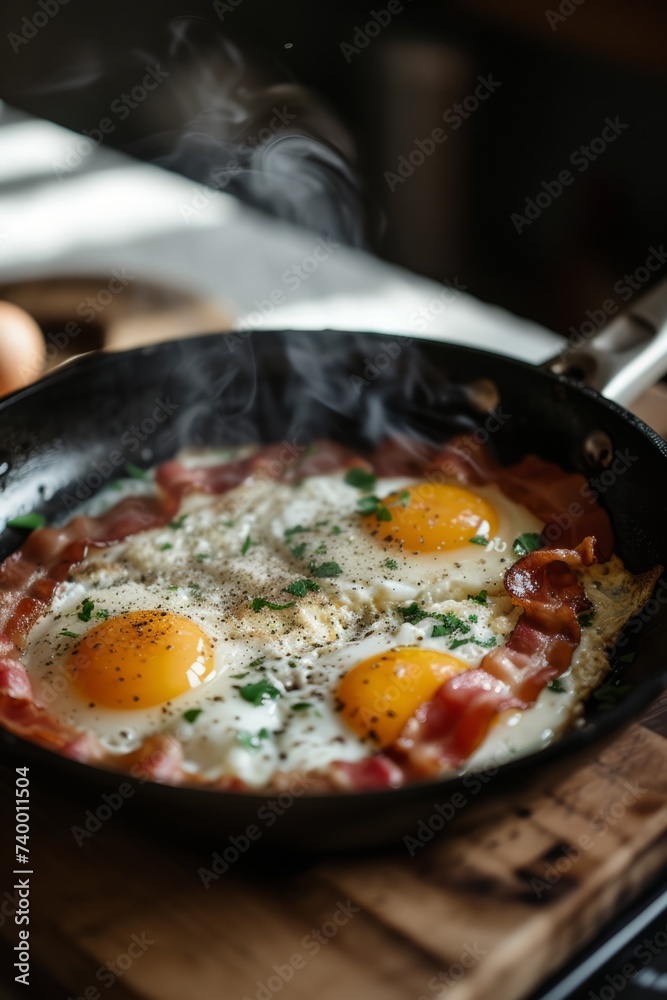 A frying pan with steaming eggs and bacon, seasoned with herbs for added flavor. The preparation of a classic breakfast dish A frying pan with steaming eggs and bacon, seasoned with herbs for added flavor. The preparation of a classic breakfast dish