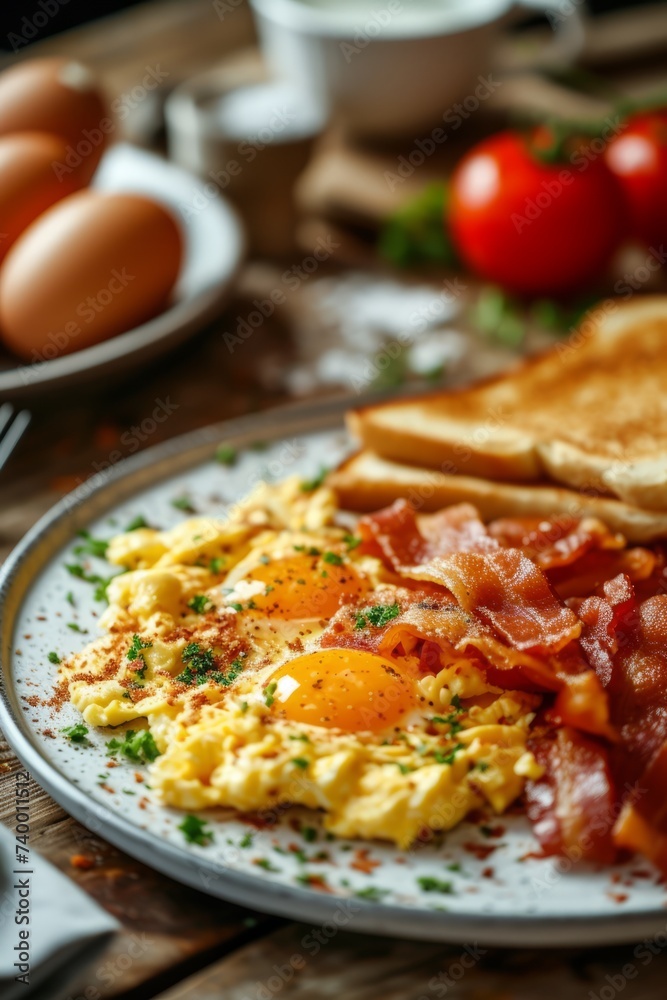 A delicious breakfast ensemble featuring fried eggs, crispy bacon strips and golden toast A delicious breakfast ensemble featuring fried eggs, crispy bacon strips and golden toast