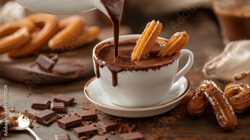 Churros - a fried dough pastry from Spanish and Portuguese cuisine, being dipped into a cup of hot chocolate