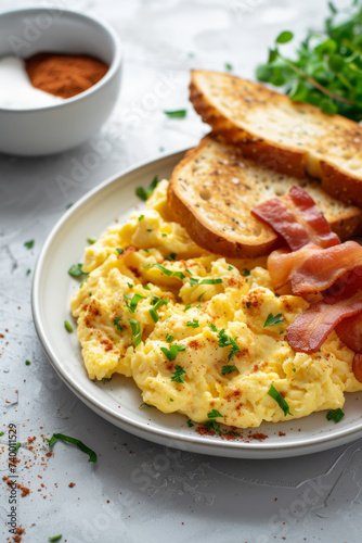 A breakfast serving of scrambled eggs, crispy bacon, and golden toast slices, on a light surface