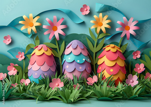 easter background with eggs, paper art
