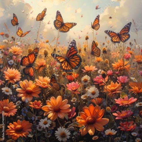Beautiful monarch butterflies resting on a bed of flowers, representing transformation.