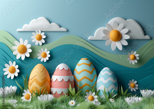 easter background with eggs, paper art
