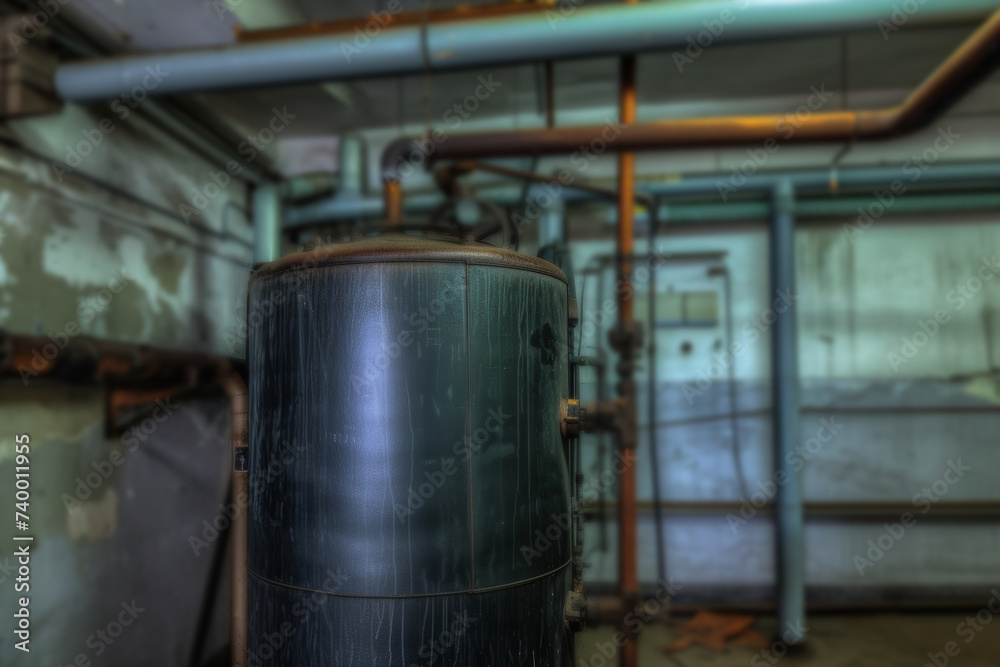 Old boiler room in a dirty old basement of building with rust and debris. Rusty pipes of the boiler room. An old metal boiler that generates heat and delivers it to the house through a pipeline. Old boiler room in a dirty old basement of building with rust and debris. Rusty pipes of the boiler room. An old metal boiler that generates heat and delivers it to the house through a pipeline.