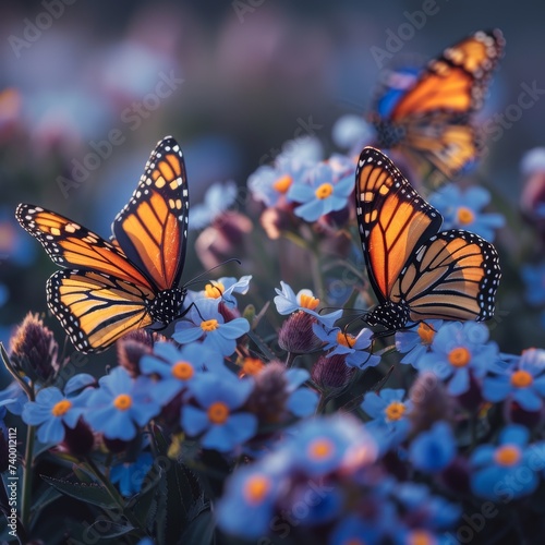 Beautiful monarch butterflies resting on a bed of flowers, representing transformation.