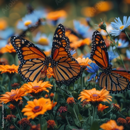 Beautiful monarch butterflies resting on a bed of flowers, representing transformation.