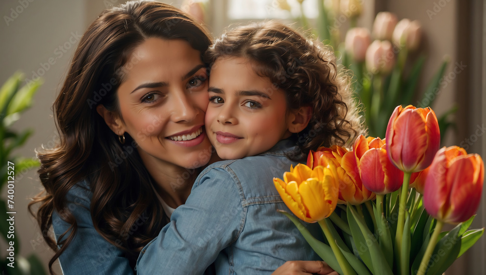 Glückliche Mutter und Tochter mit Tulpenstrauß feiern Muttertag Glückliche Mutter und Tochter mit Tulpenstrauß feiern Muttertag