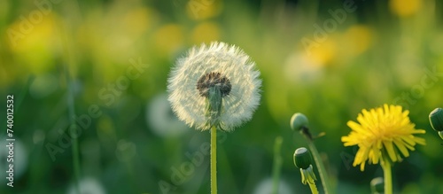 A taraxacum officinale plant  commonly known as a dandelion  stands prominently in the center of a vast field filled with its counterparts.