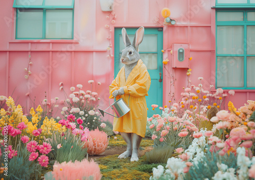 The Easter Bunny is standing in the garden and watering the flowers.