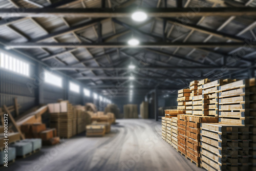 Wooden pallets are stacked along a wall in a warehouse. Pallets with wooden grids, large warehouse of boards. Heaps of wooden boards at the sawmill, paneling. Construction material for wooden blanks.