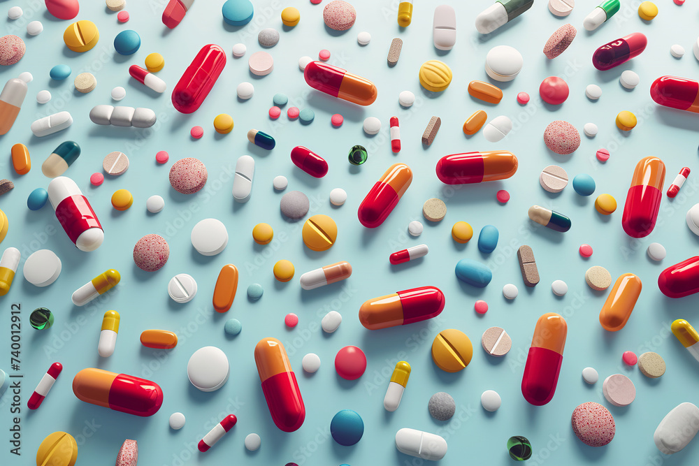 Colored tablets and capsules on a light blue background. Pills are scattered on the table. Pile of red soft gelatin capsule. Vitamins and food supplements concept. Top view. Banner. Copy space Colored tablets and capsules on a light blue background. Pills are scattered on the table. Pile of red soft gelatin capsule. Vitamins and food supplements concept. Top view. Banner. Copy space