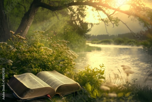 Imagining a serene landscape with a bible as its centerpiece photo