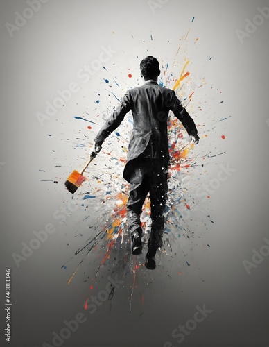 Silhouette of a man going up into the air with painting splashes