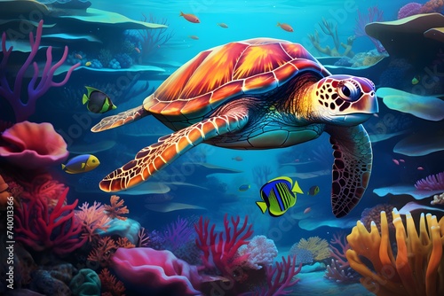 Vibrant underwater world featuring a sea turtle and fish. Concept Underwater Photography, Vibrant Marine Life, Sea Turtle, Fish, Underwater Ecosystem