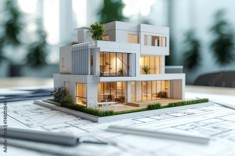 An illustration showcases a modern architectural residential model in a 3D rendering, emphasizing the architectural design concept. Laminated plans are scattered beneath, illuminated by natural light, - obrazy, fototapety, plakaty 