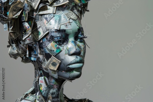 Fashion an avant garde artwork using fragments of dollars and robotic imagery evoking curiosity and fascination