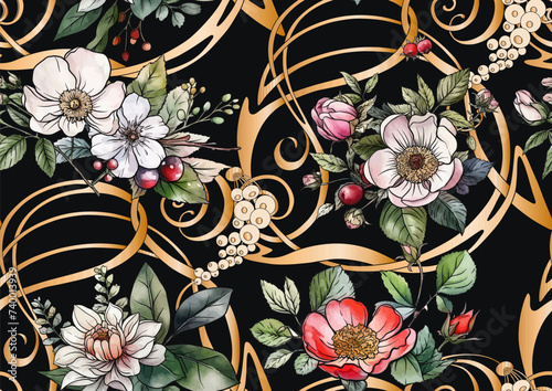 Boutonniere of wild rose flowers and berries Seamless pattern, background. Outline hand drawing vector illustration. In botanical style