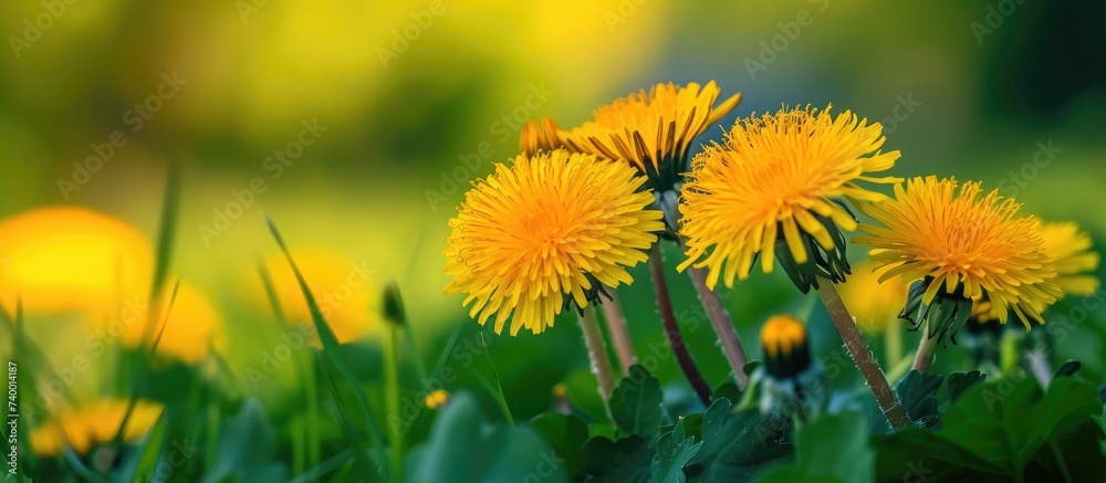 This photo captures two bright yellow dandelion flowers standing out in a lush field of green grass. The flowers are in full bloom, adding a pop of color to the natural surroundings.
