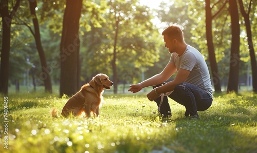 A young man trains a golden retriever puppy in the park. A man is playing with a dog.