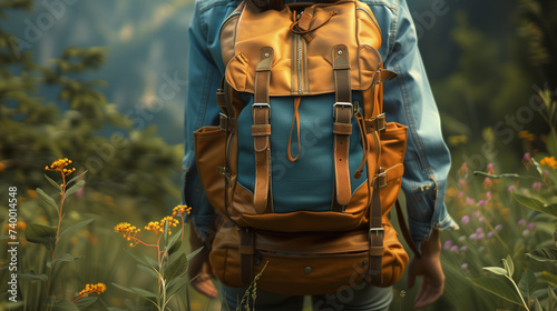 a backpack filled with travel essentials strapped to the back of an backpacker, ready to embark on a journey through unknown paths surrounded by lush nature.